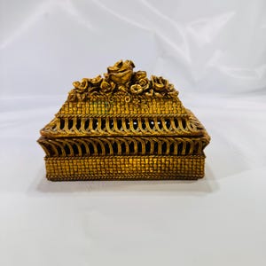 Vintage Ornate Gold Trinket Box • Floral Basketweave Jewelry Case 6×5×4 in