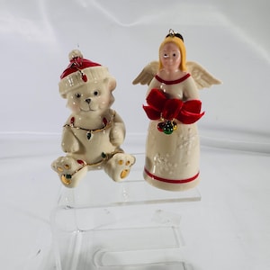 Lenox® Christmas Figurine Lot of 2 – Porcelain 4″ Holiday Bear & Angel Ornaments with Gold Accents
