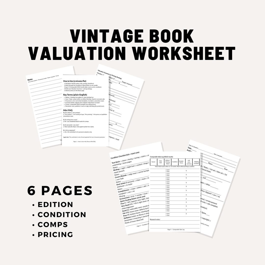 Vintage Book Valuation Worksheet – 6-page Printable PDF for Buyers ...