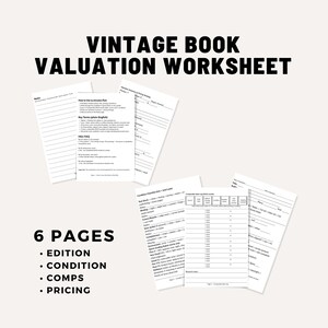 Könnte beinhalten: Eine Sammlung weißer Papier-Arbeitsblätter zur Bewertung alter Bücher. Der Titel "VINTAGE BOOK VALUATION WORKSHEET" ist in fetter schwarzer Schrift dargestellt. Die Arbeitsblätter enthalten Abschnitte für Auflage, Zustand, Vergleiche und Preis. Das Bild zeigt auch "6 PAGES".