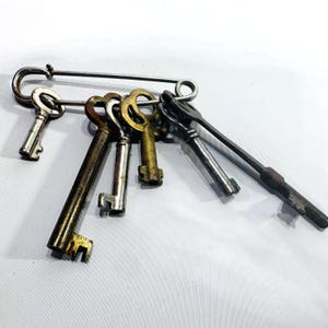 May include: A collection of vintage keys, each with a unique design, attached to a large silver safety pin. The keys vary in size and color, including silver, brass, and bronze tones, suggesting an antique or collectible theme.