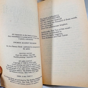 Copyright and dedication pages from Swords Against Wizardry, 1983