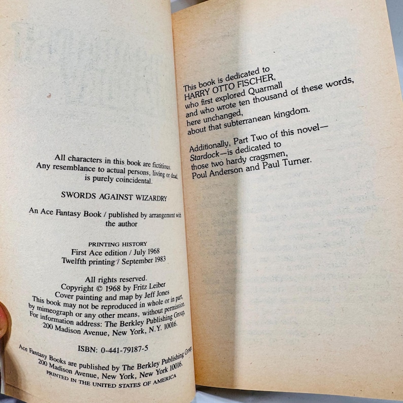 Copyright and dedication pages from Swords Against Wizardry, 1983