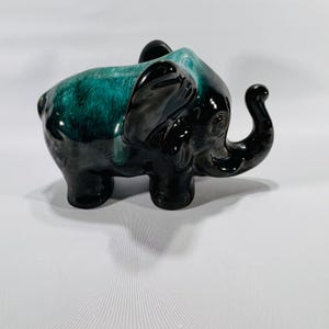 Blue Mountain Pottery Elephant Figurine with Original Tag & Sticker | Canadian Vintage Green Glazed Ceramic Elephant Trunk Up Good Luck 8x5