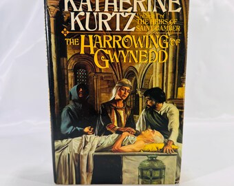 May include: A book cover with a dark background and a painting of a woman in a red and gold dress, a man in a blue robe, and a man in a green robe. The book title is "The Harrowing of Gwyedd" and the author is "Katherine Kurtz".