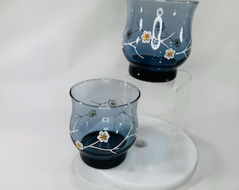 Vintage Libbey Dogwood Glasses Smoky Blue Floral Tumblers Mid Century Modern 1970s Set of 2