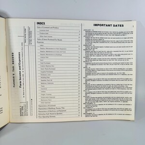 Pu&ograve; includere: Libro aperto con il titolo "FARMER'S TAX RECORD" e un indice dei redditi e delle spese agricole. La pagina sinistra elenca categorie come "Vendita di bestiame e prodotti" e "Spese". La pagina destra elenca le "DATE IMPORTANTI" per le dichiarazioni fiscali.