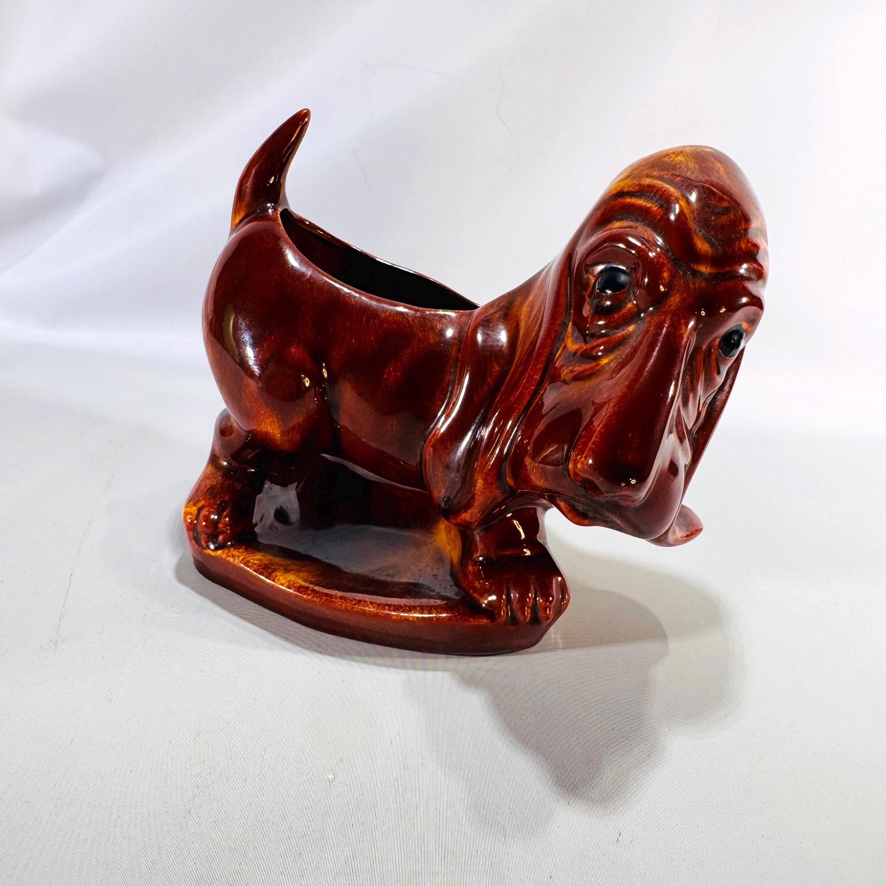 Vintage Ceramic Basset Hound Dog Planter Wallet & Key Holder Brown