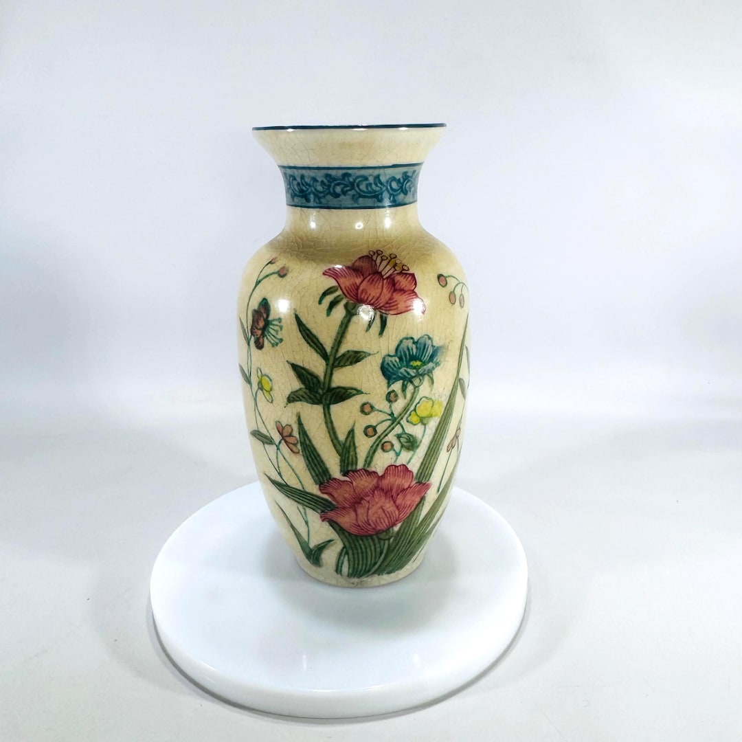 ●JAPANESE MODERN VINTAGE FLOWER VASE ● Japanese Vase Floral Hand Painted Mid Century Gold Bright Crackle