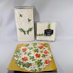 Vintage Christmas Napkins Doilies | 1960s 70s Paper Guest Towels & Poinsettia Decor | Retro Holiday Party Supplies Unused