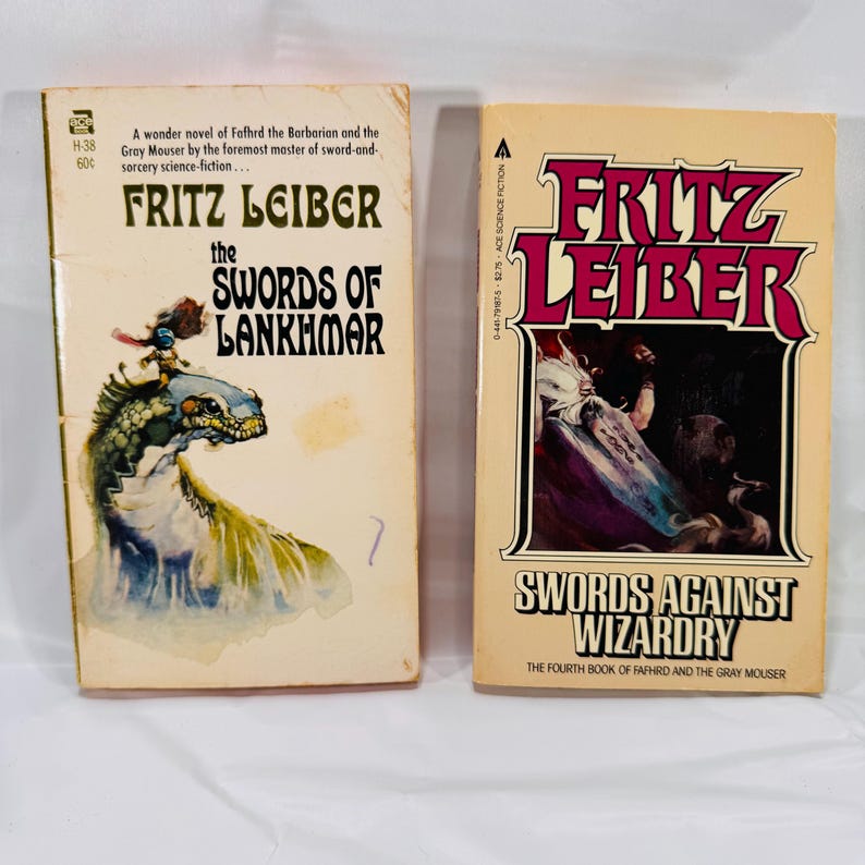 Front covers of Fritz Leiber’s The Swords of Lankhmar and Swords Against Wizardry paperbacks