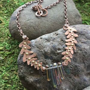 Neck Piece in Copper, Brass, and Aqua Aura Crystal