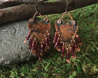 Copper and Garnet Heart Earrings