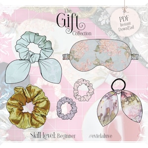 Könnte beinhalten: Ein Set mit Schnittmustern zum Nähen von Haargummis, Schlafmasken und Haarbändern. Die Schnittmuster sind für Anfänger geeignet und haben florale Designs. Der Text "The Gift Collection" und "#evlelaluve" ist im Bild enthalten.
