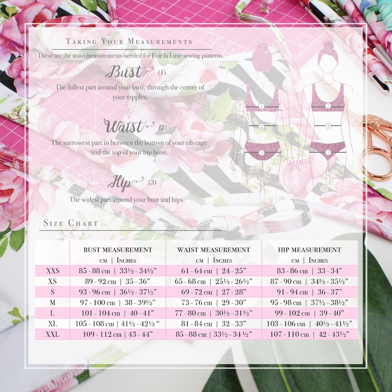 May include: A size chart for sewing patterns with bust, waist, and hip measurements in inches and centimeters. The chart includes sizes XXS through XXL.
