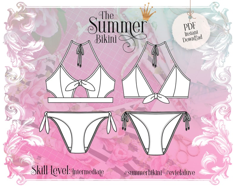 May include: A black and white line drawing of a bikini top and bottom pattern. The top has a halter neck and a tie in the front. The bottom has ties on the sides. The text "The Summer Bikini" is at the top of the image. The text "Skill Level: Intermediate" is at the bottom of the image. The hashtags "#summerbikini #evlelative" are also at the bottom of the image.