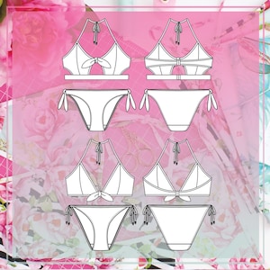 May include: Line drawing of four different bikini top and bottom styles. The tops are halter style with a tie at the neck and a bow at the center. The bottoms are high-waisted with a tie on each side.