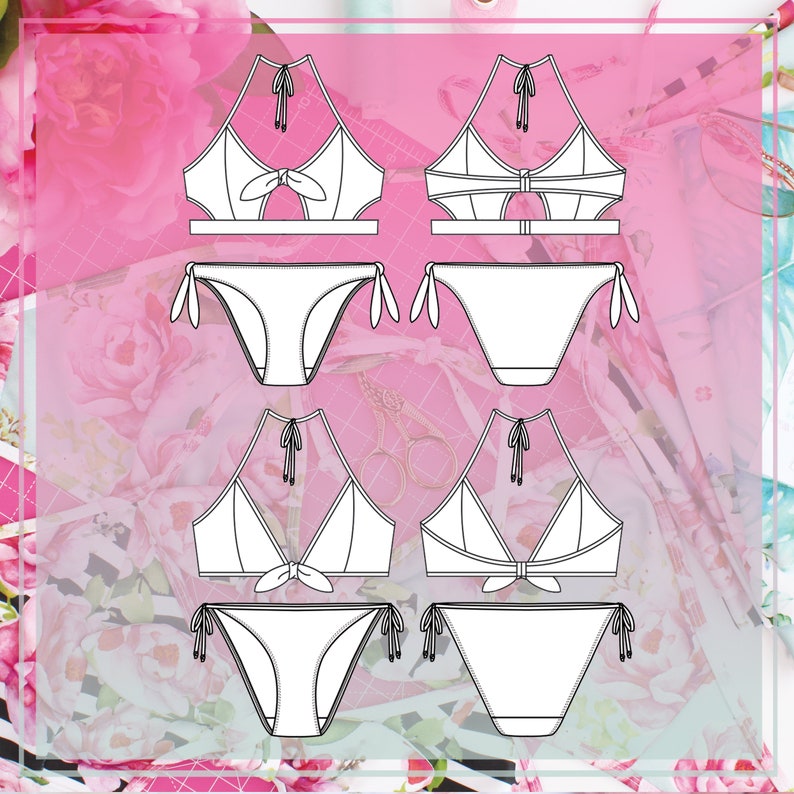 May include: Line drawing of four different bikini top and bottom styles. The tops are halter style with a tie at the neck and a bow at the center. The bottoms are high-waisted with a tie on each side.