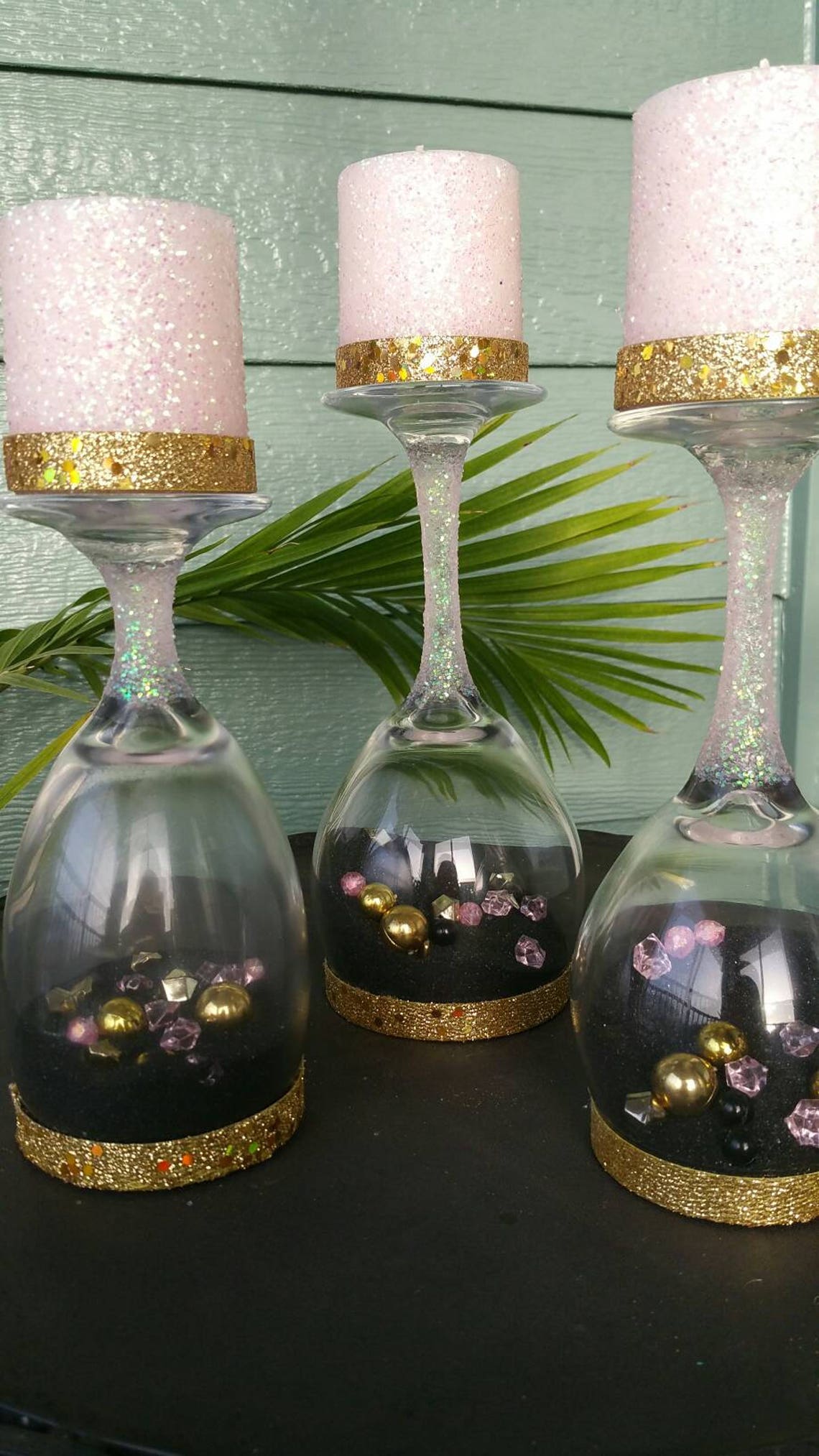 Upsidedown Wine Glass Candle Holders set of 3 Etsy