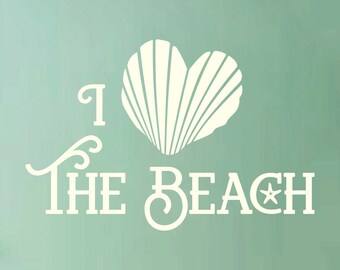 ME ENCANTA LA PLAYA, calcomanía de pared de vinilo, decoración de playa, calcomanía de pared de concha marina, calcomanía de cita de pared, calcomanía de pared de playa, calcomanía de rv, calcomanía de cocina, arte de pared oceánica