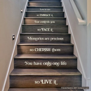 STAIR RISER DECAL,love,fear,memories,life,stair decal,vinyl wall decal,wall quote decal,stairs decal,family wall decal,kitchen decal,laundry