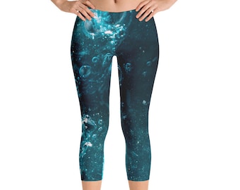 Yoga Capri Leggings Workout Pants Activewear Blue Navy Ocean Nature Water Abstract Print Leggings