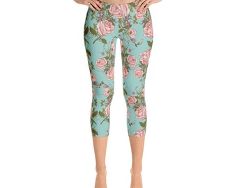 Capri Leggings Blue Floral Women's Yoga Legging Vintage Blue Pink Roses Fashion Tights Cropped Legging Capris