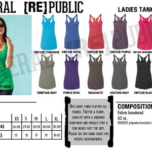 May include: A size chart for women's tank tops with a variety of colors, including turquoise, royal blue, red, purple, shocking pink, navy, green, gray, and black. The chart includes measurements for length and width in inches.