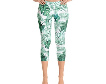 Tropical Print Capri Leggings: Green Palm Leaf Yoga Pants