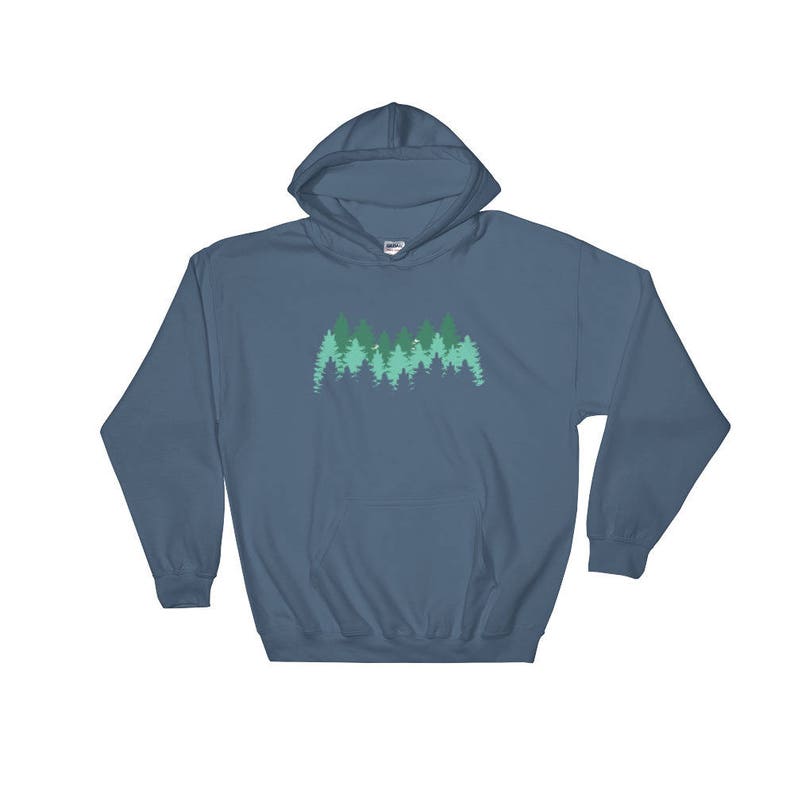 May include: A dark blue hooded sweatshirt with a green and blue forest silhouette graphic on the front.