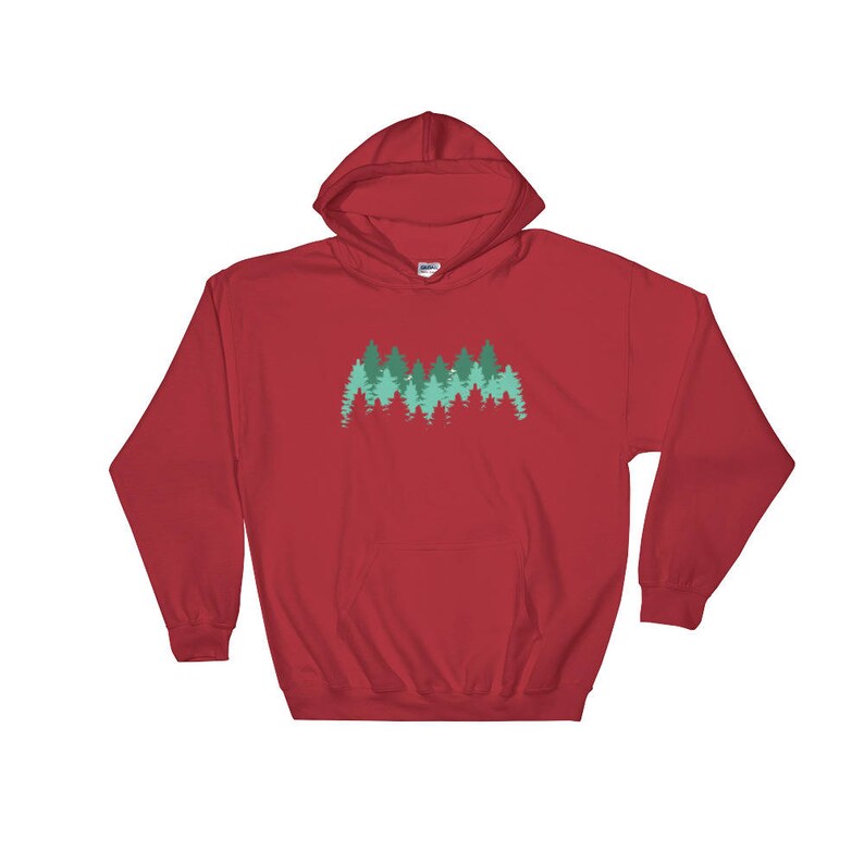 May include: Red hooded sweatshirt with a green forest silhouette graphic on the front.