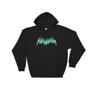 May include: Black hooded sweatshirt with a green silhouette of a forest on the front.