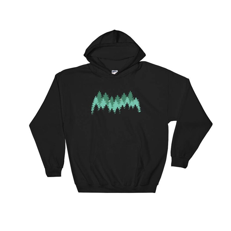 May include: Black hooded sweatshirt with a green silhouette of a forest on the front.