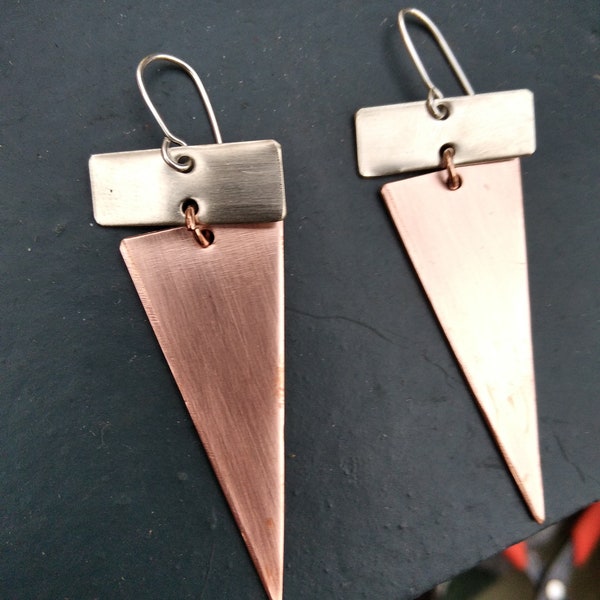 Copper Triangle Earrings Dangling from a Sterling Silver Rectangle on the Top, Minimal Geometric Jewelry Made to Order  - ICE SCREAM -
