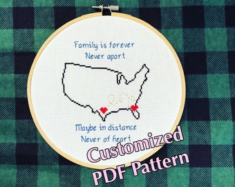 Custom USA Map Cross Stitch Pattern: Long Distance Love (PDF Pattern)
