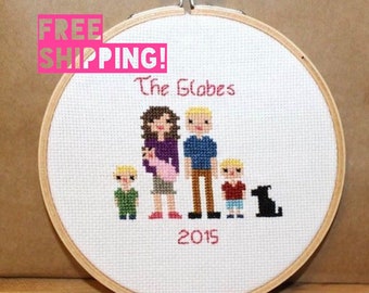 Custom Family Cross Stitch Portrait in Wood Hoop or Frame / Anniversary, Birthday, Wedding Gift