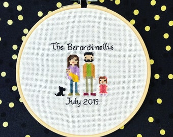 Custom Family Cross Stitch Portrait: New Baby Announcement, Gender Reveal Needlepoint