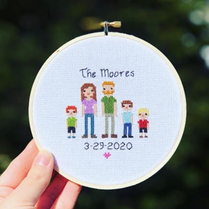 Silk Heart Personalized Family Cross Stitch to celebrate the 12 Year Anniversary / Customize Your Wife or Husband with Kids and Pets / 12th