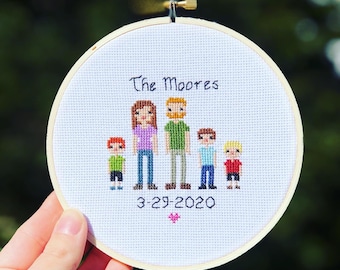Silk Heart Personalized Family Cross Stitch to celebrate 12 Year Anniversary / Customize Needlepoint with Wife, Husband, Kids, Pets / 12th