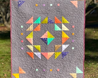 Handmade Baby Quilt: Rainbow Ombré with Gold Accents, Triangles, 100% Cotton