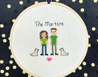 Linen Heart Personalized Family Cross Stitch to celebrate 4 and 12 Year Anniversary / Customize Needlepoint with Wife, Husband, Kids, Pets