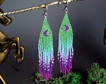 Long Moon Alien Beaded Fringe Earrings