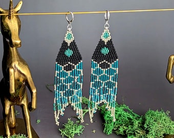 Mermaid Teal Silver Beaded Fringe Earrings