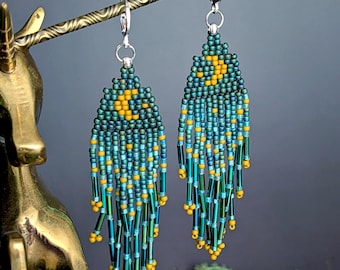 Mini Moon Teal Dream Beaded Fringe Earrings