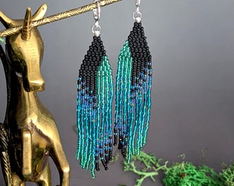 Long Color Fall Blue Beaded Fringe Earrings