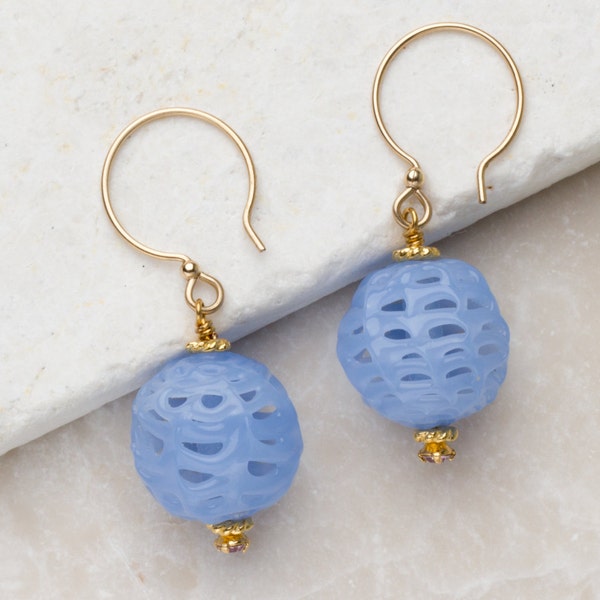 Vintage earrings with webbed spun, milky blue glass, Swarovski crystals, on 14k gold filled ear wires