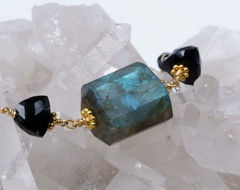 Boho Gemstone Choker / Labradorite, Black Spinel / 24k Gold Vermeil Beads, 14k Gold Filled Adjustable Chain / August Birthstone
