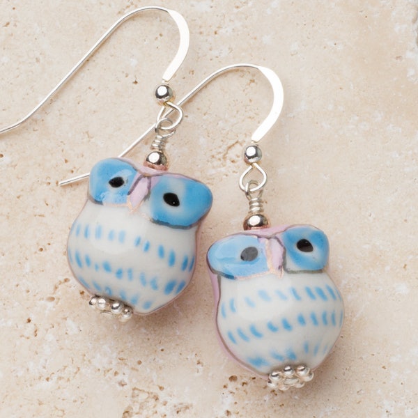 Owl Earrings / Pink and Green, Blue and Pink / Hand Painted Ceramic Owls / Animal Jewelry / Bird Earrings / Sterling Silver Ear Wires