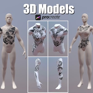 12 BUNDLE Procreate modèles 3D, modèle Procreate Tattoo, modèle femme 3D, modèle homme 3D, modèle de bras 3D, modèle de jambe 3D, modèle de torse 3D pour tatouage image 1