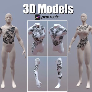 12 BUNDLE Procreate 3D models, Procreate Tattoo model, 3D woman model, 3D man model, 3D arm model, 3D leg model, 3D torso model for tattoo image 1